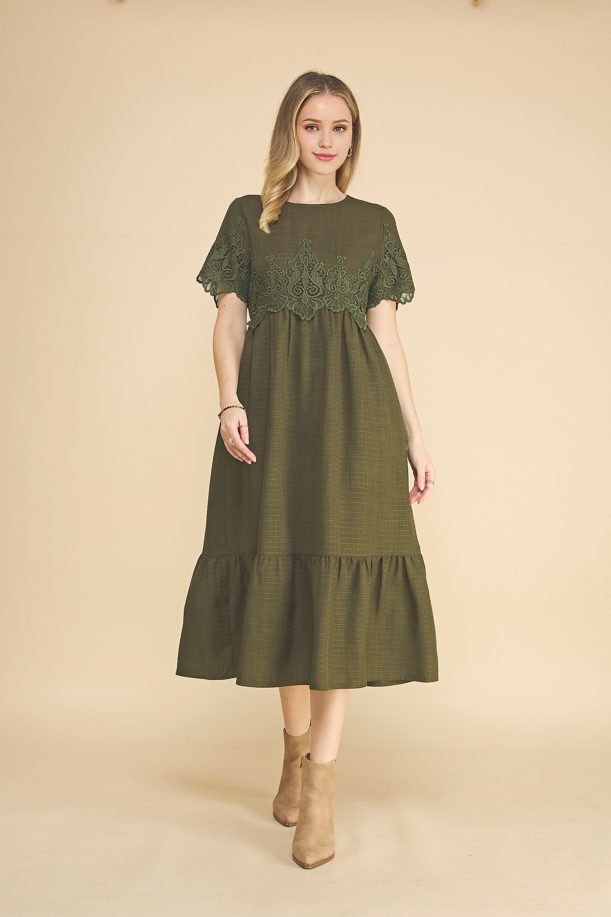 Boho Lace Detail Tiered Midi Dress