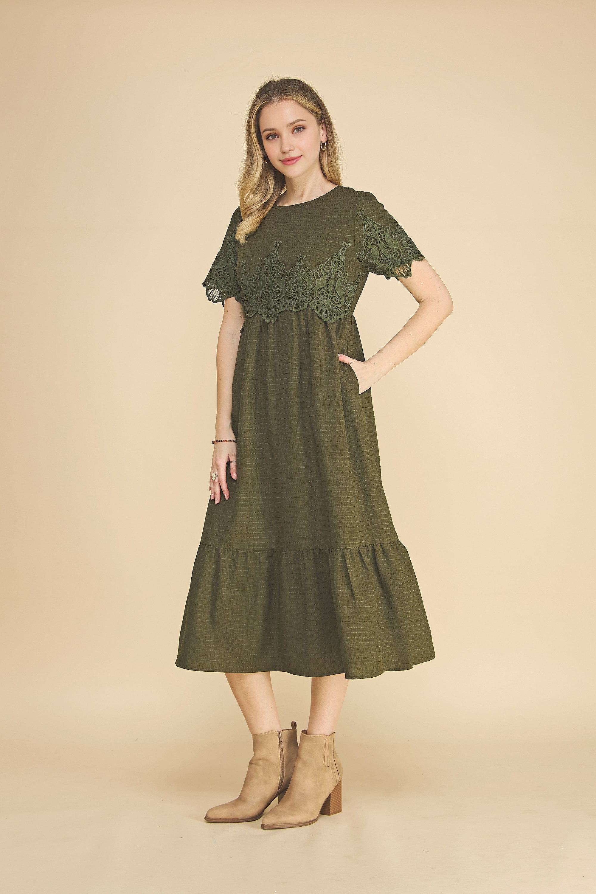 Boho Lace Detail Tiered Midi Dress