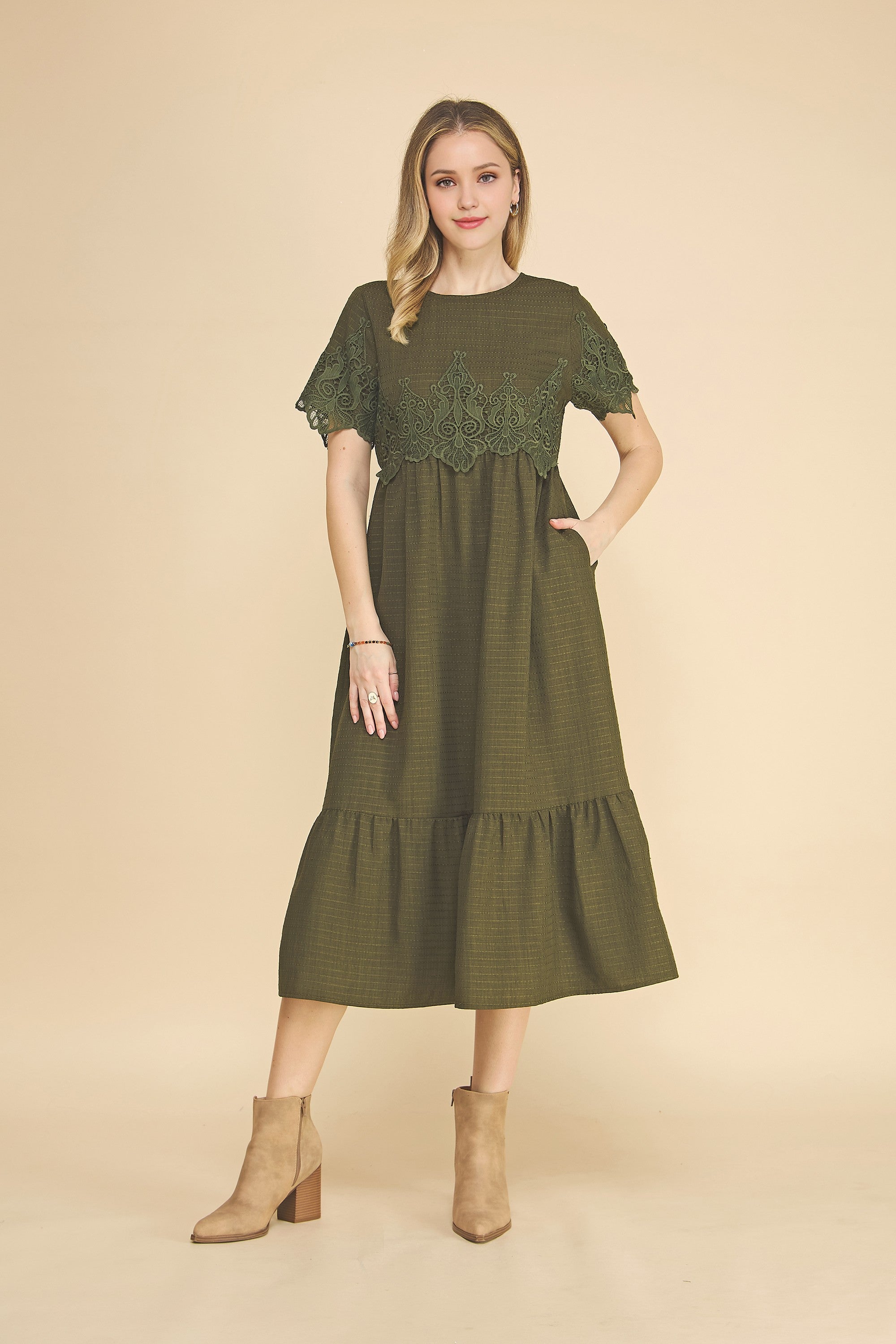 Boho Lace Detail Tiered Midi Dress