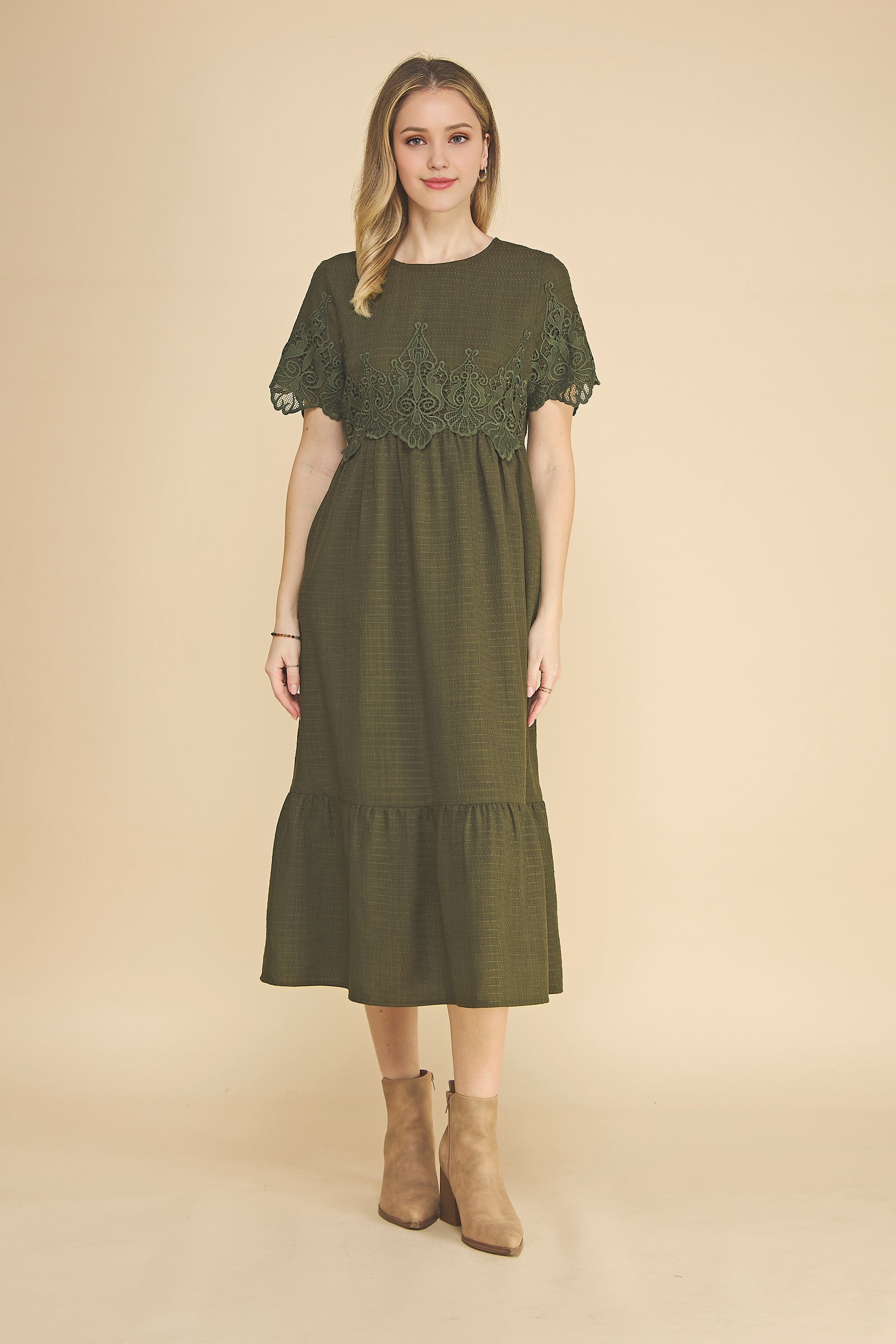 Boho Lace Detail Tiered Midi Dress