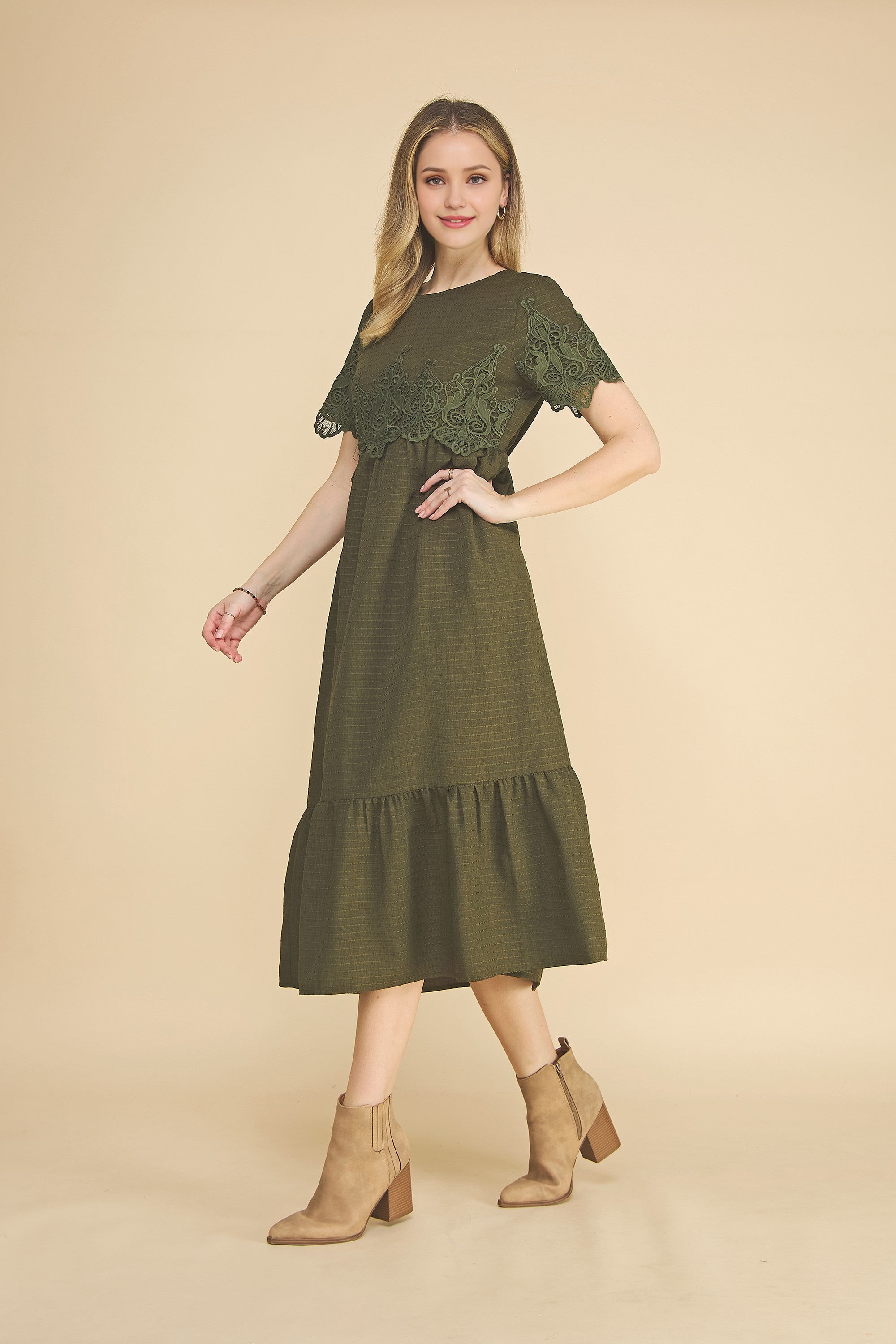 Boho Lace Detail Tiered Midi Dress