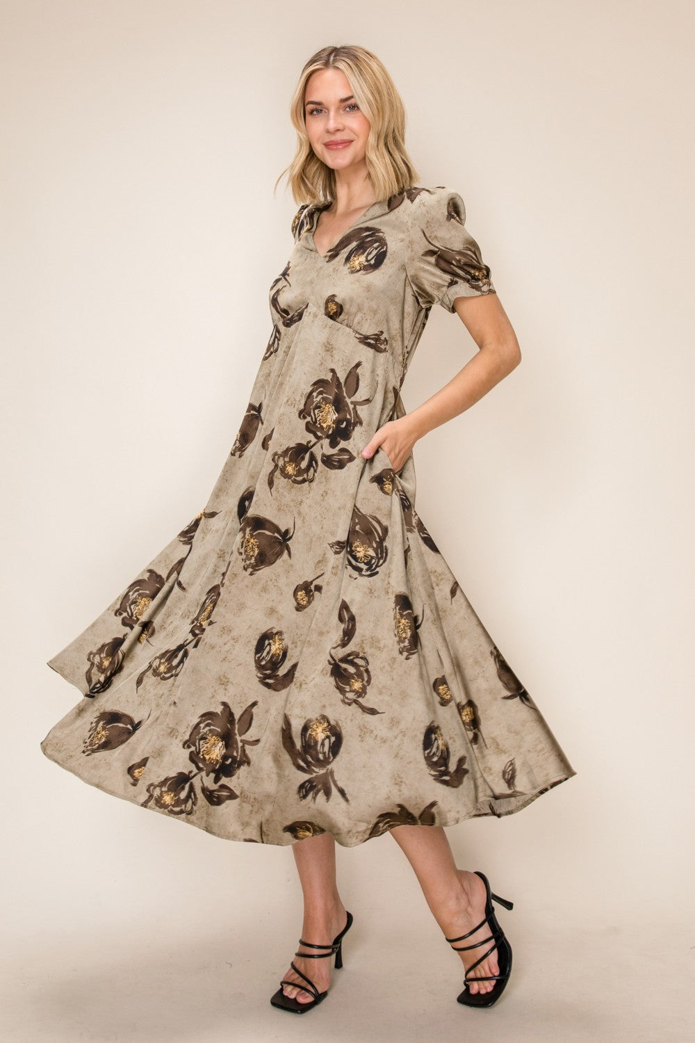 Satin Floral Printed Midi Dress