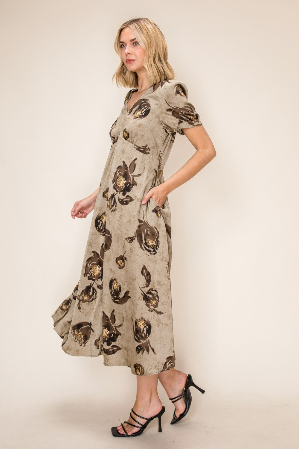 Satin Floral Printed Midi Dress