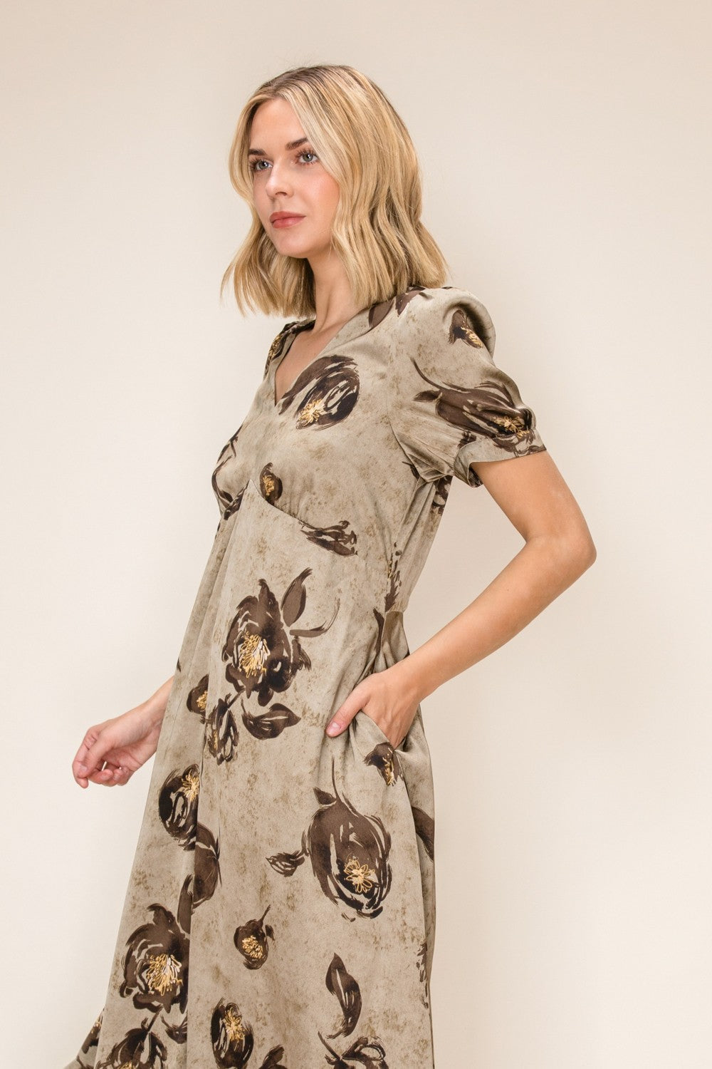 Satin Floral Printed Midi Dress