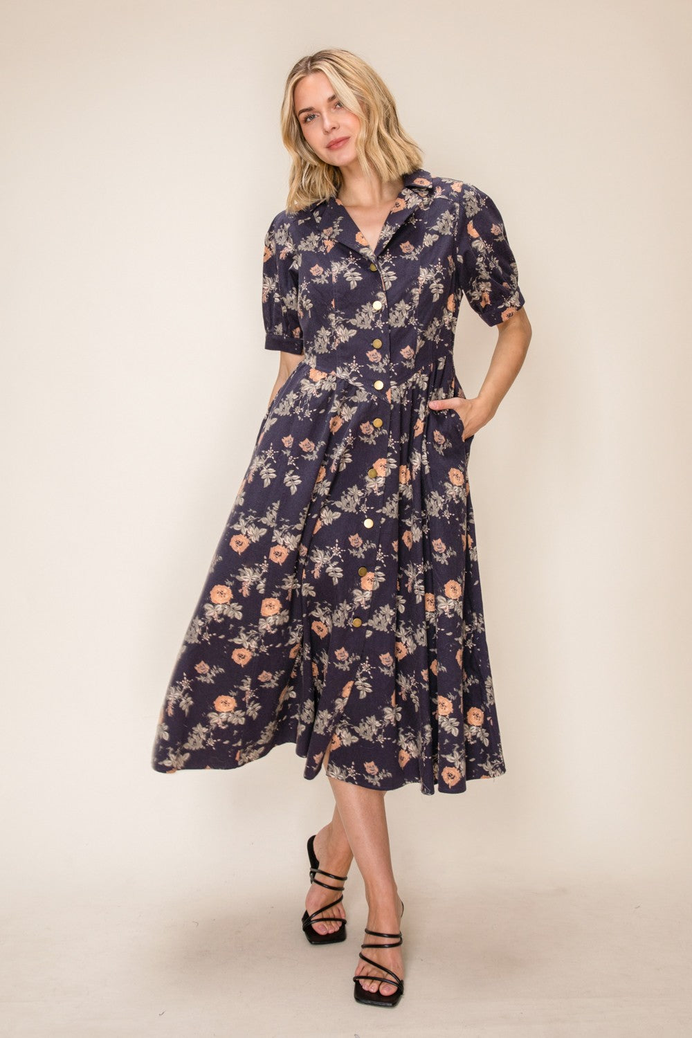 Denim Print Button Front Midi Dress