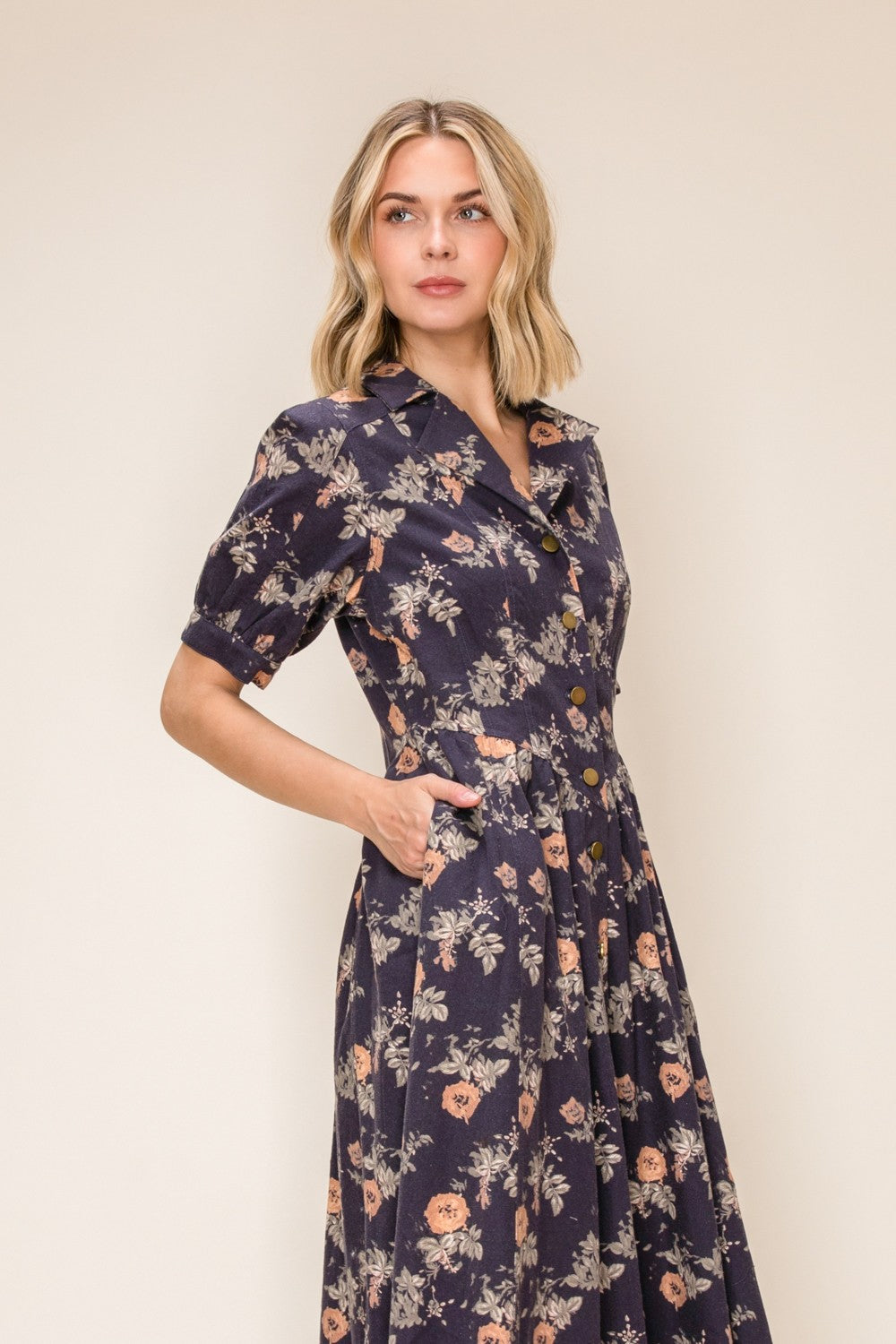 Denim Print Button Front Midi Dress