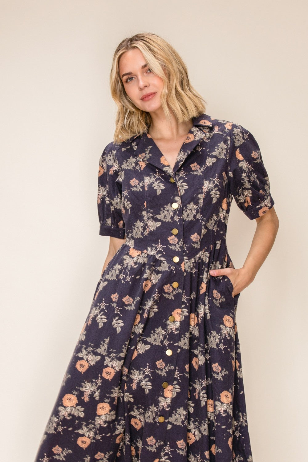 Denim Print Button Front Midi Dress