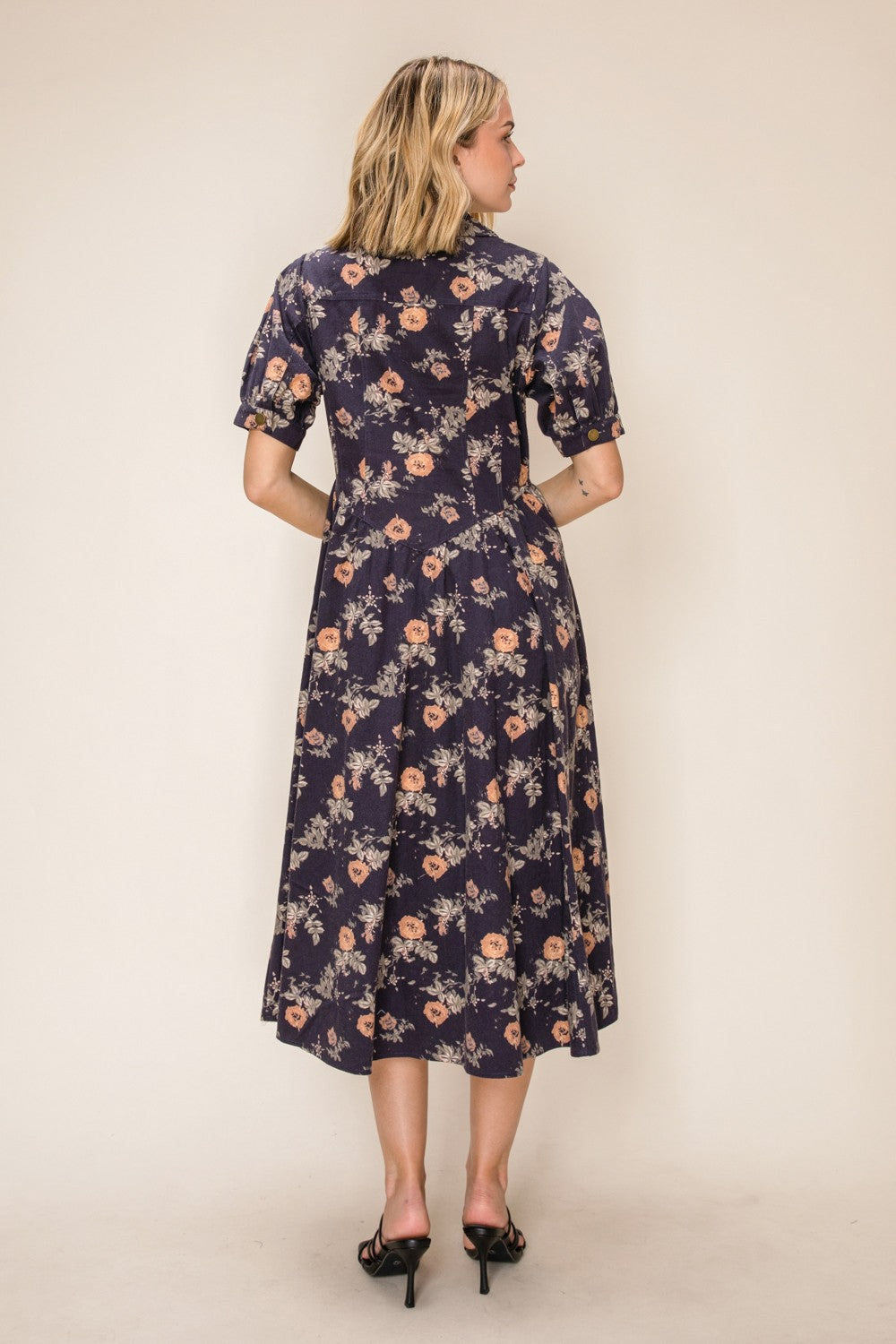 Denim Print Button Front Midi Dress