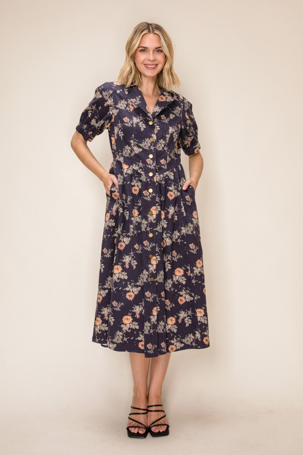 Denim Print Button Front Midi Dress