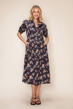 Denim Print Button Front Midi Dress