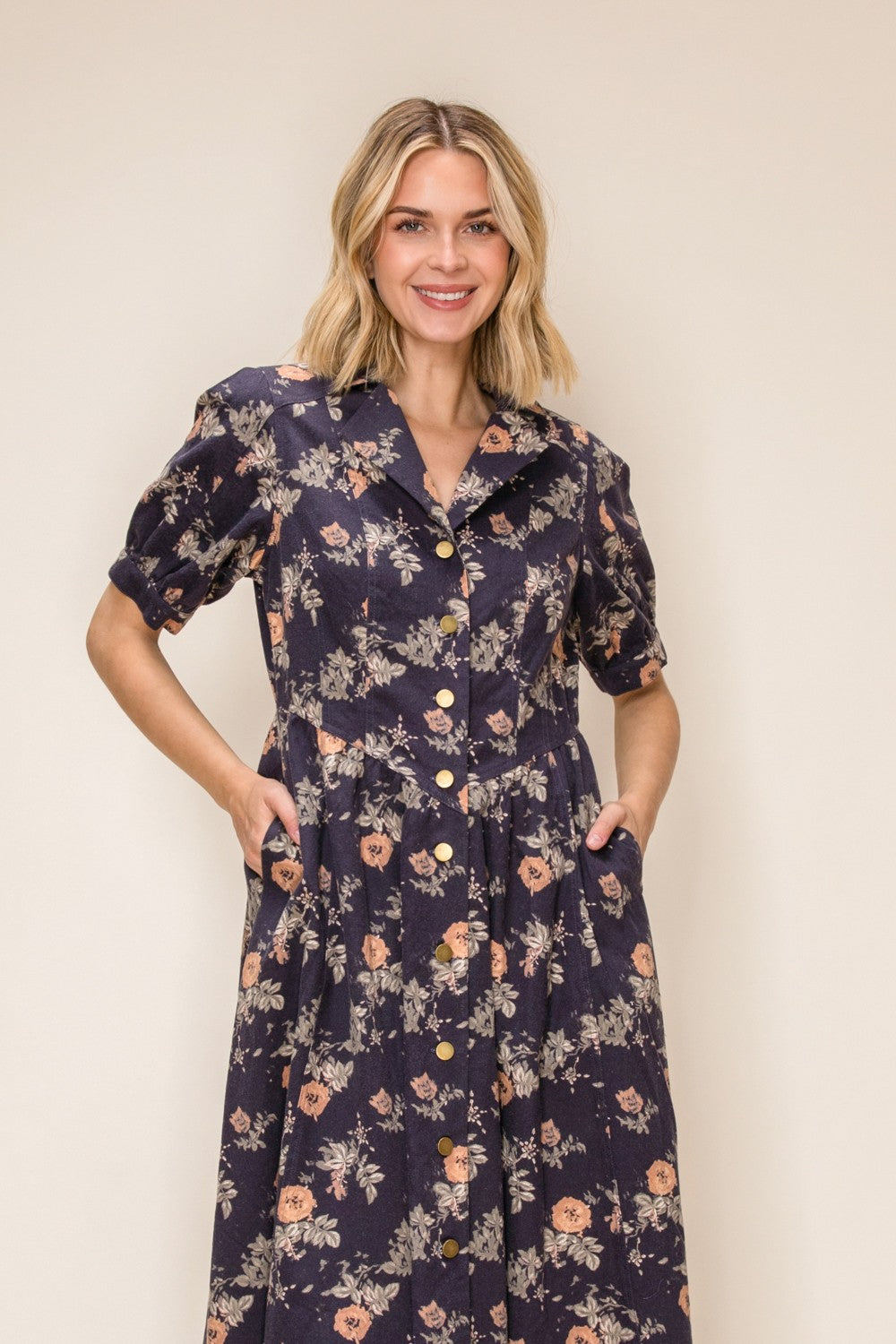Denim Print Button Front Midi Dress