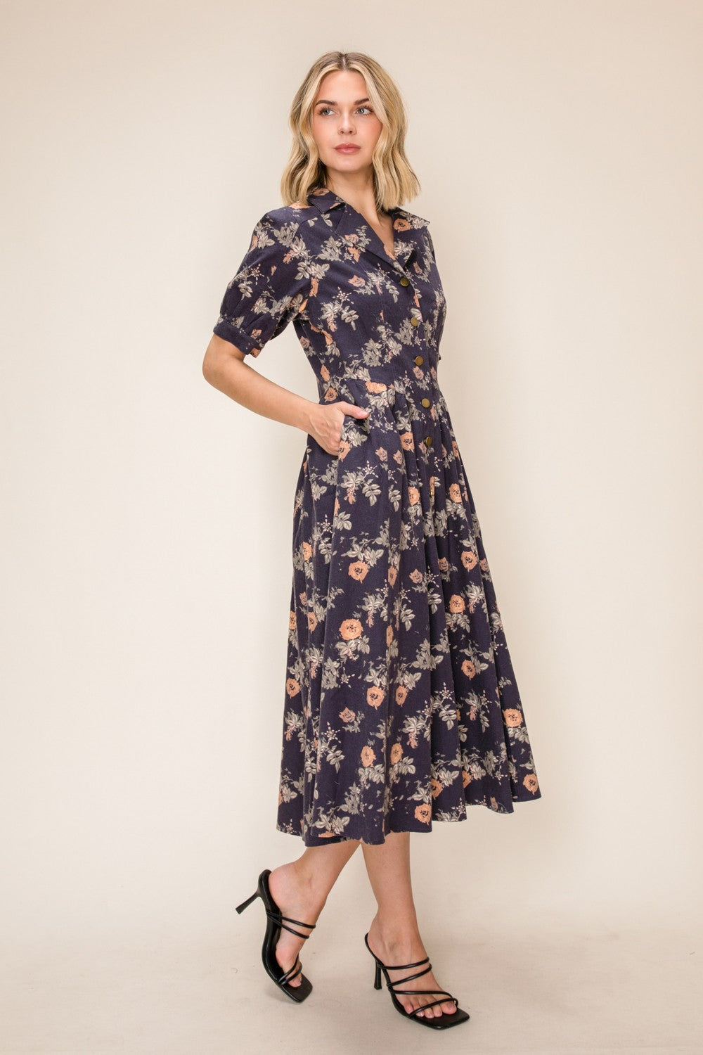 Denim Print Button Front Midi Dress