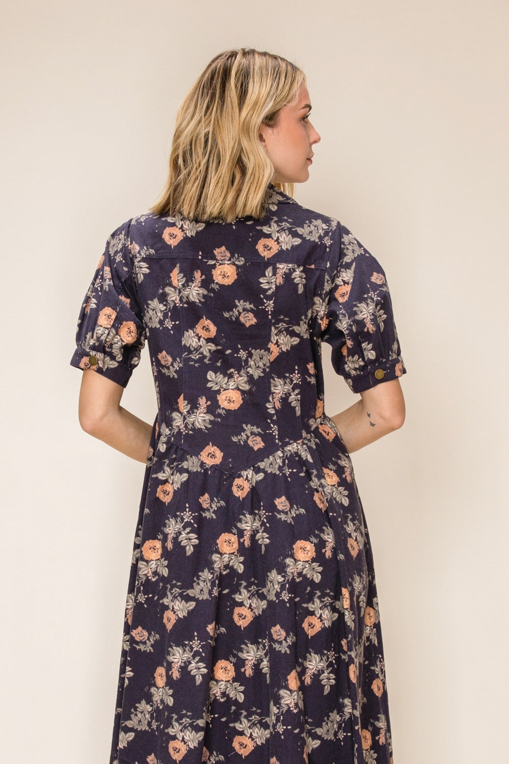 Denim Print Button Front Midi Dress