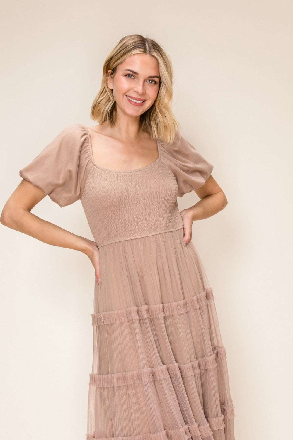Smocked Bodice Tulle Tiered Dress