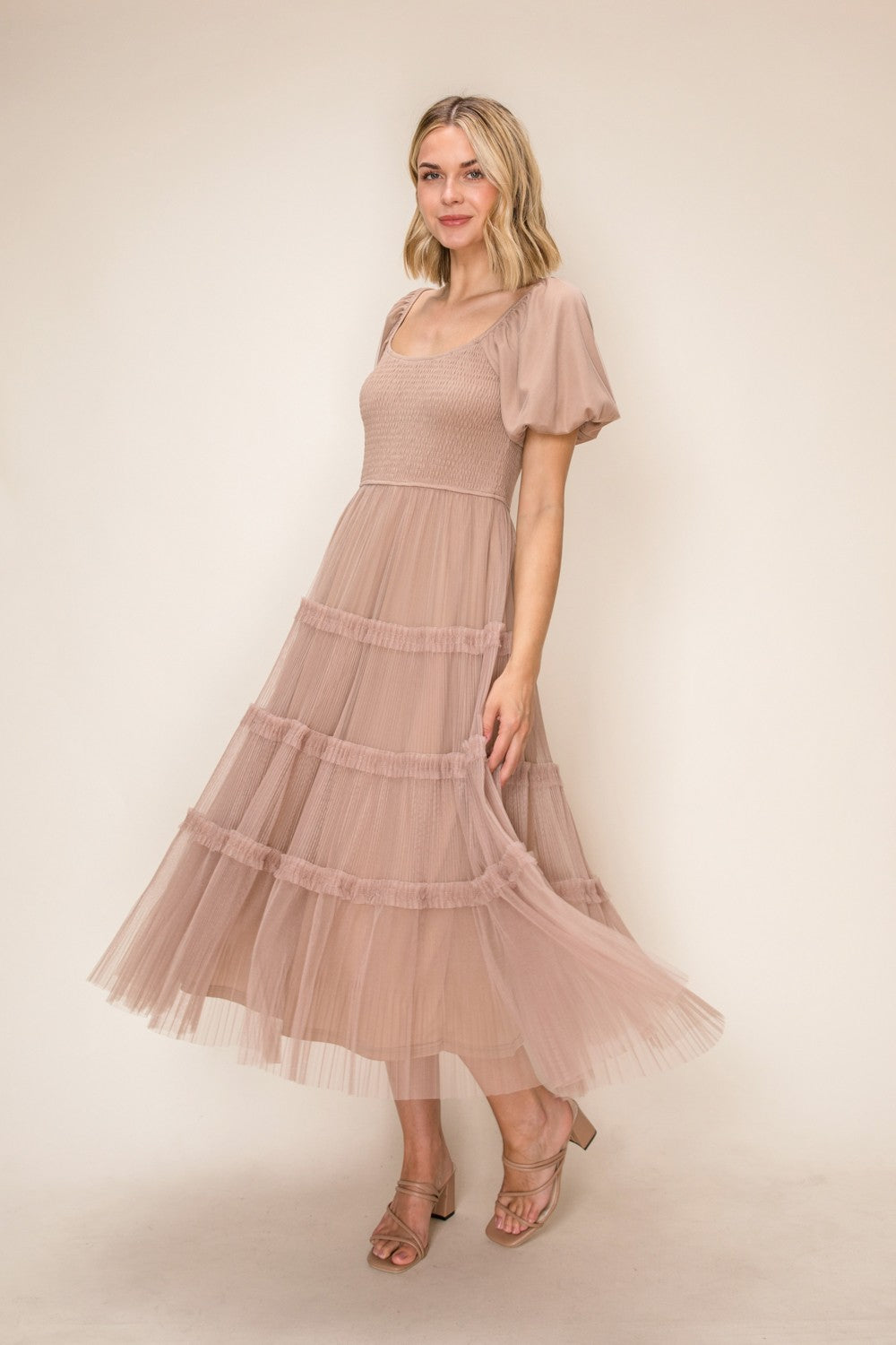 Smocked Bodice Tulle Tiered Dress