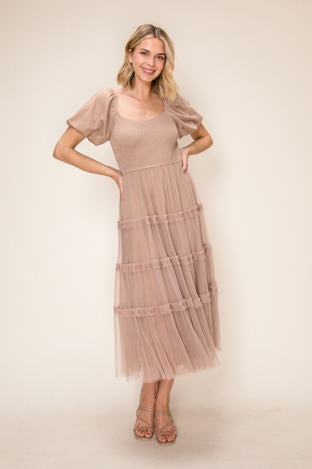 Smocked Bodice Tulle Tiered Dress