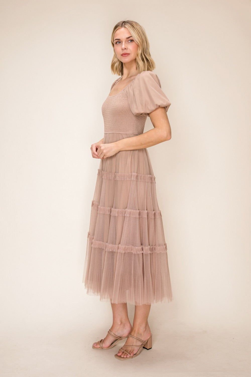 Smocked Bodice Tulle Tiered Dress