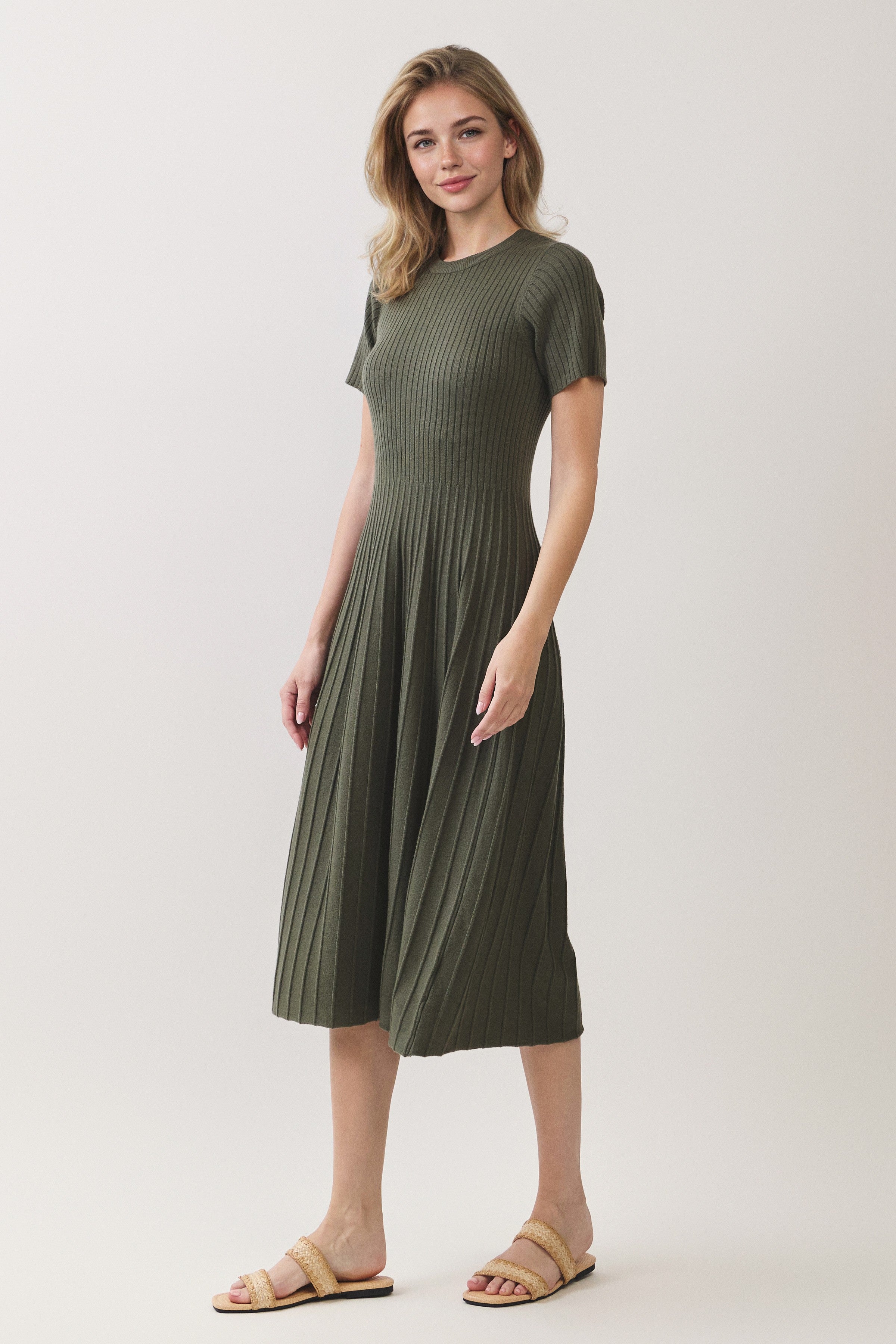 Ribbed Knit Short Sleeve Midi Dress