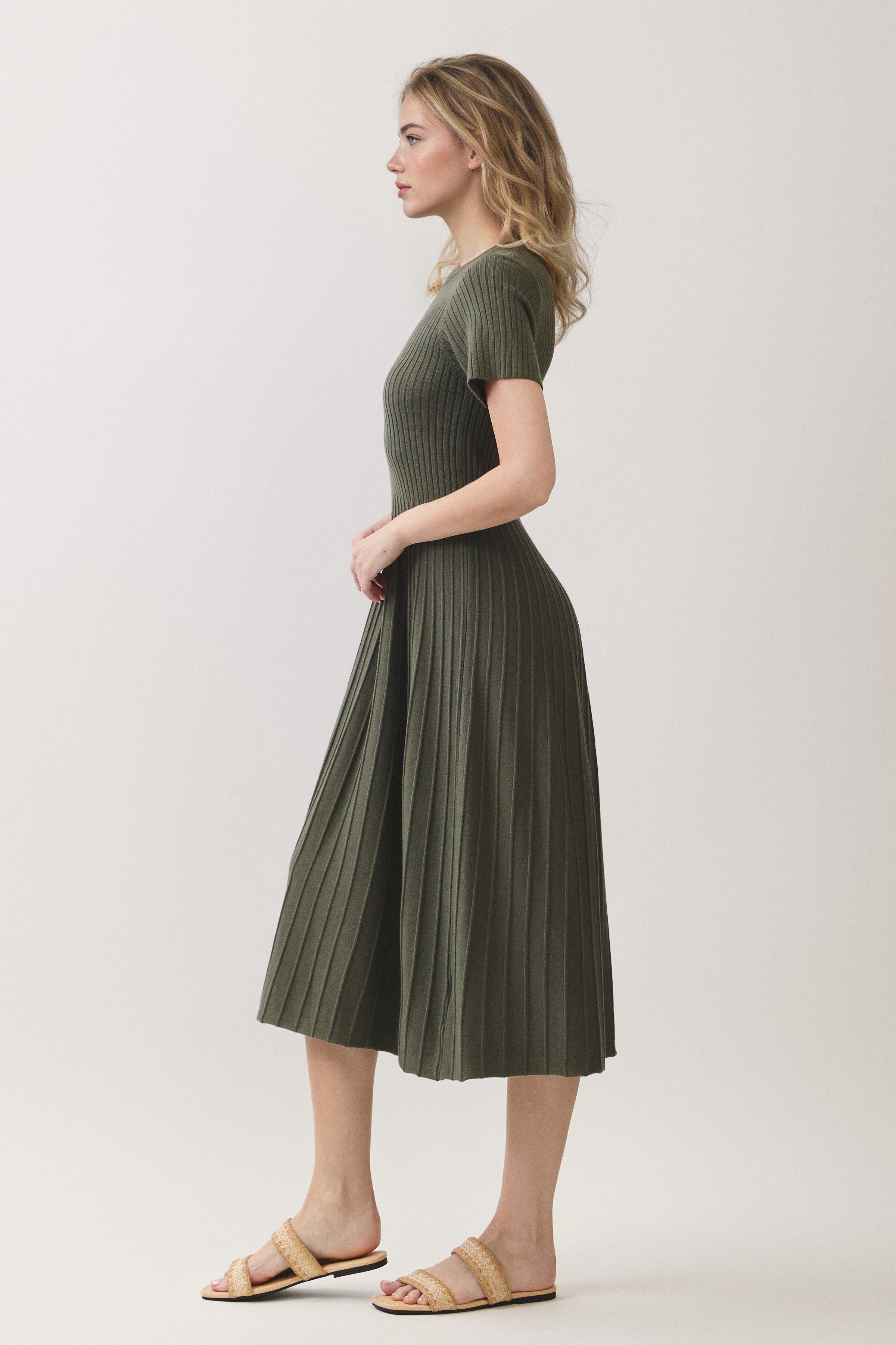Ribbed Knit Short Sleeve Midi Dress