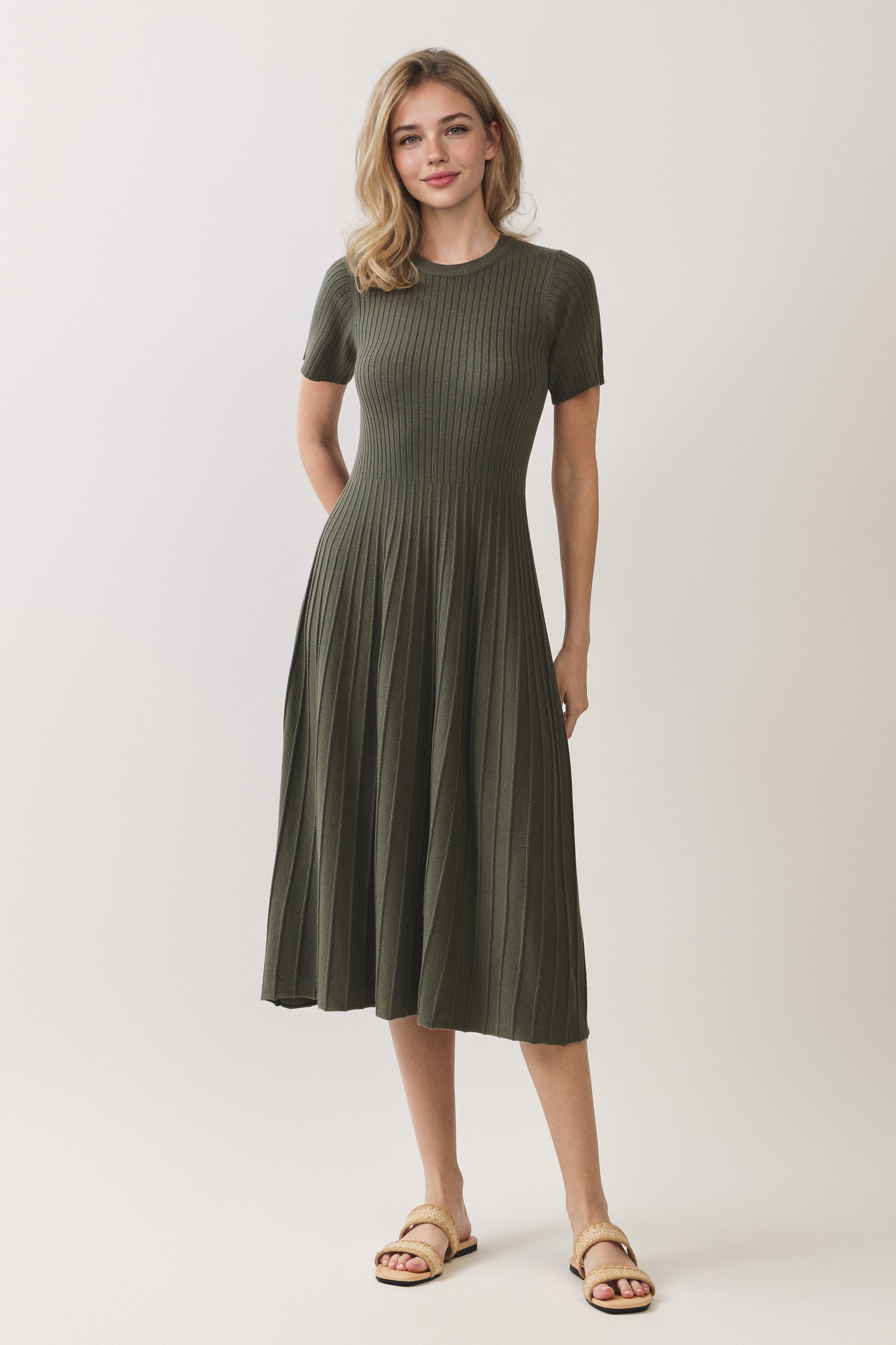 Ribbed Knit Short Sleeve Midi Dress