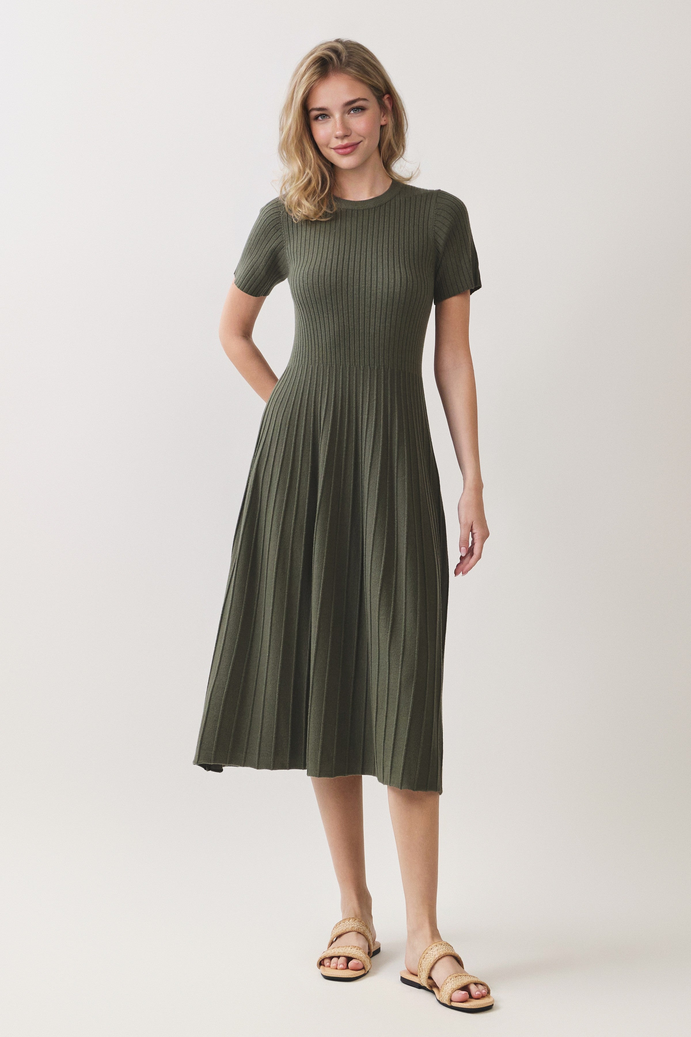 Ribbed Knit Short Sleeve Midi Dress
