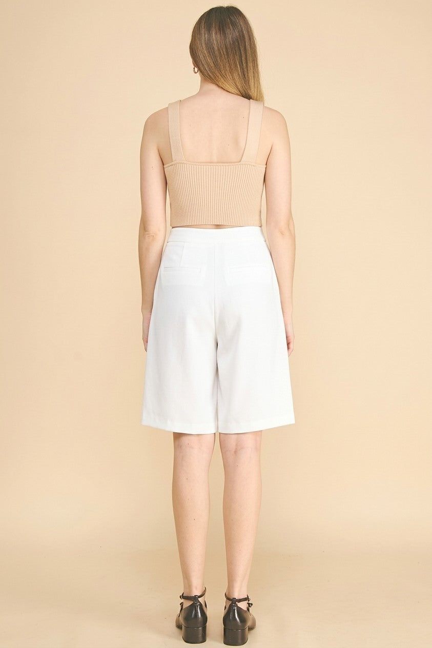 Twill Tailored High Waisted Pleated Bermuda Shorts