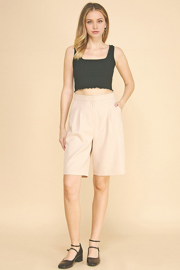 Twill Tailored High Waisted Pleated Bermuda Shorts