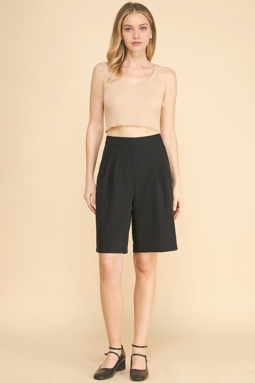 Twill Tailored High Waisted Pleated Bermuda Shorts