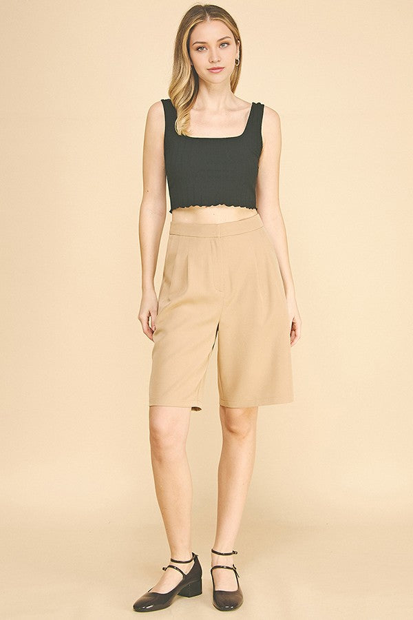 Twill Tailored High Waisted Pleated Bermuda Shorts