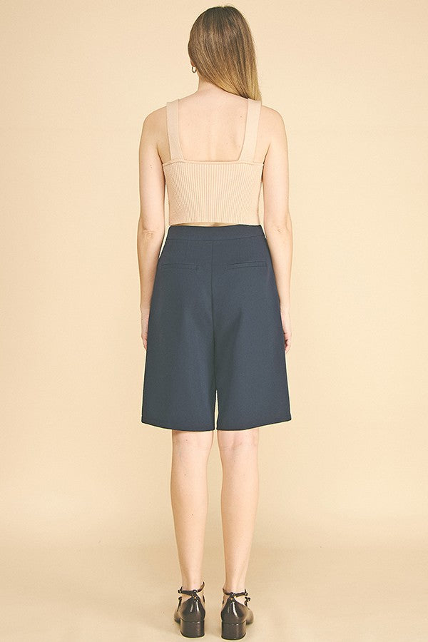 Twill Tailored High Waisted Pleated Bermuda Shorts