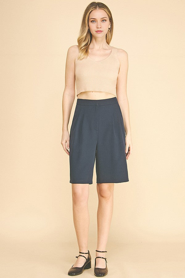 Twill Tailored High Waisted Pleated Bermuda Shorts