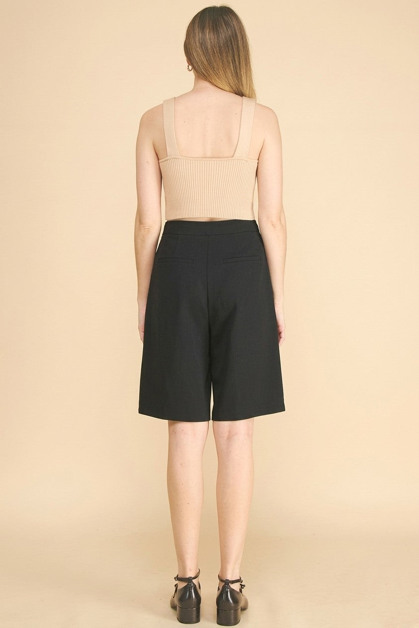 Twill Tailored High Waisted Pleated Bermuda Shorts