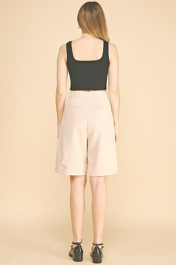 Twill Tailored High Waisted Pleated Bermuda Shorts