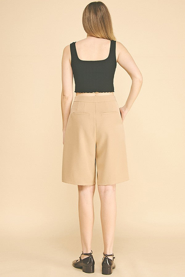 Twill Tailored High Waisted Pleated Bermuda Shorts