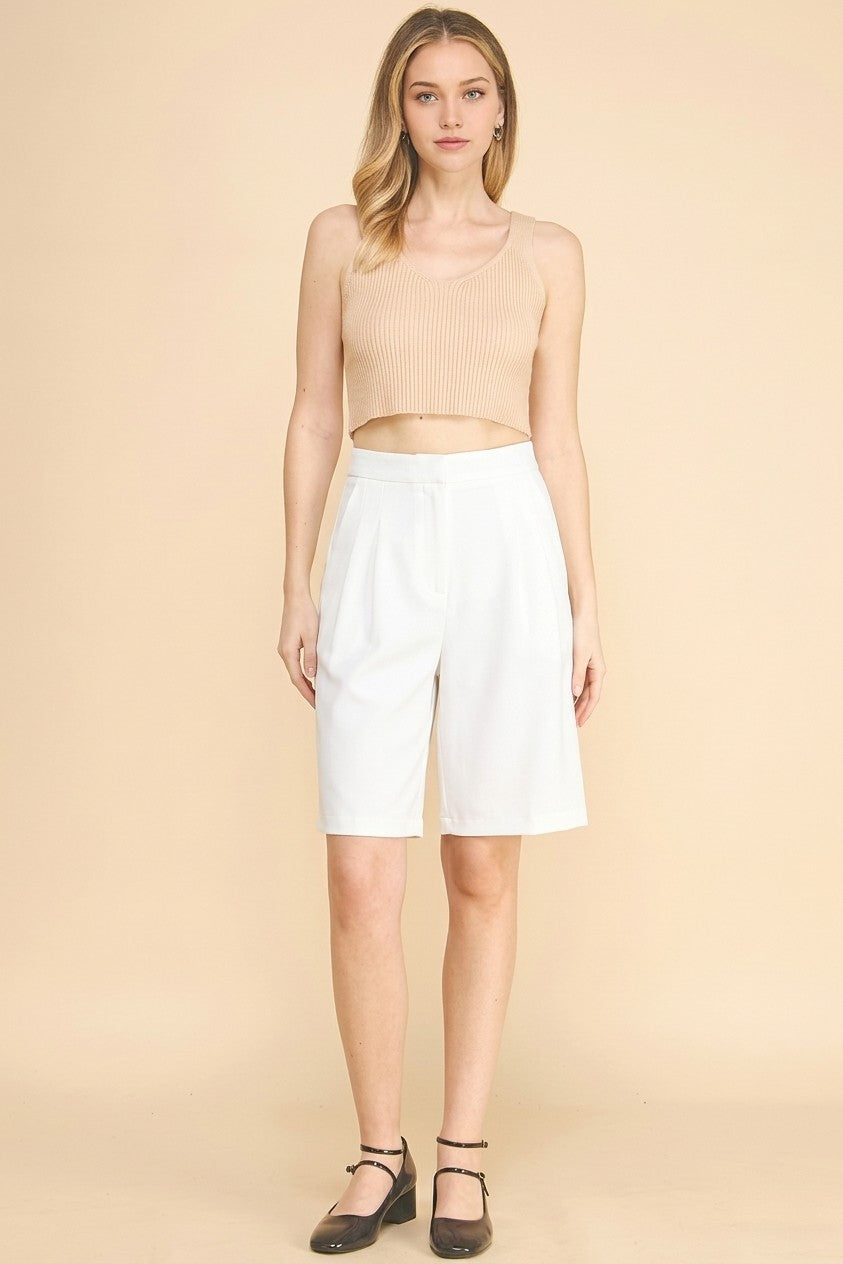 Twill Tailored High Waisted Pleated Bermuda Shorts