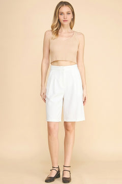 Twill Tailored High Waisted Pleated Bermuda Shorts