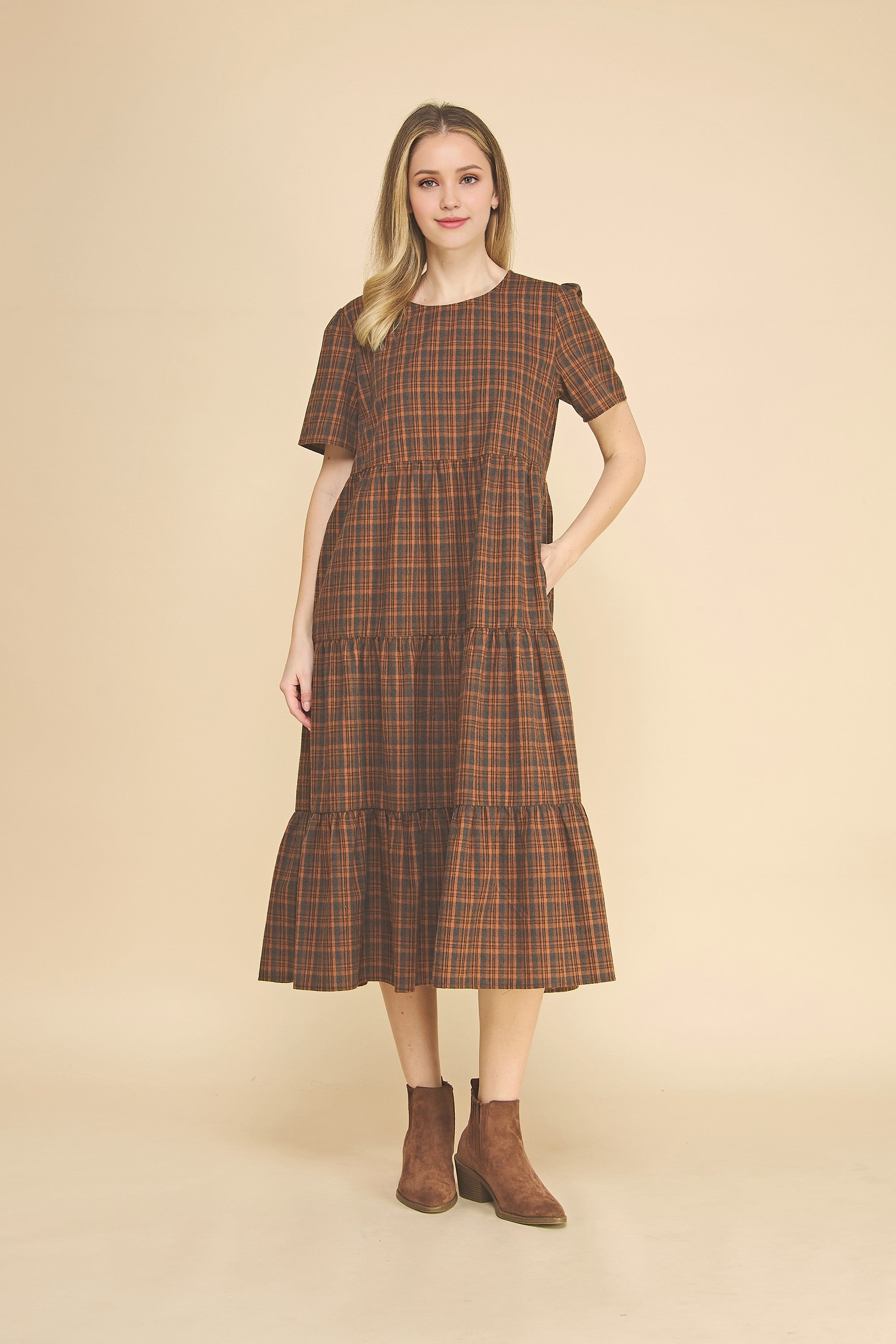 Plaid Tiered Baby Doll Midi Dress