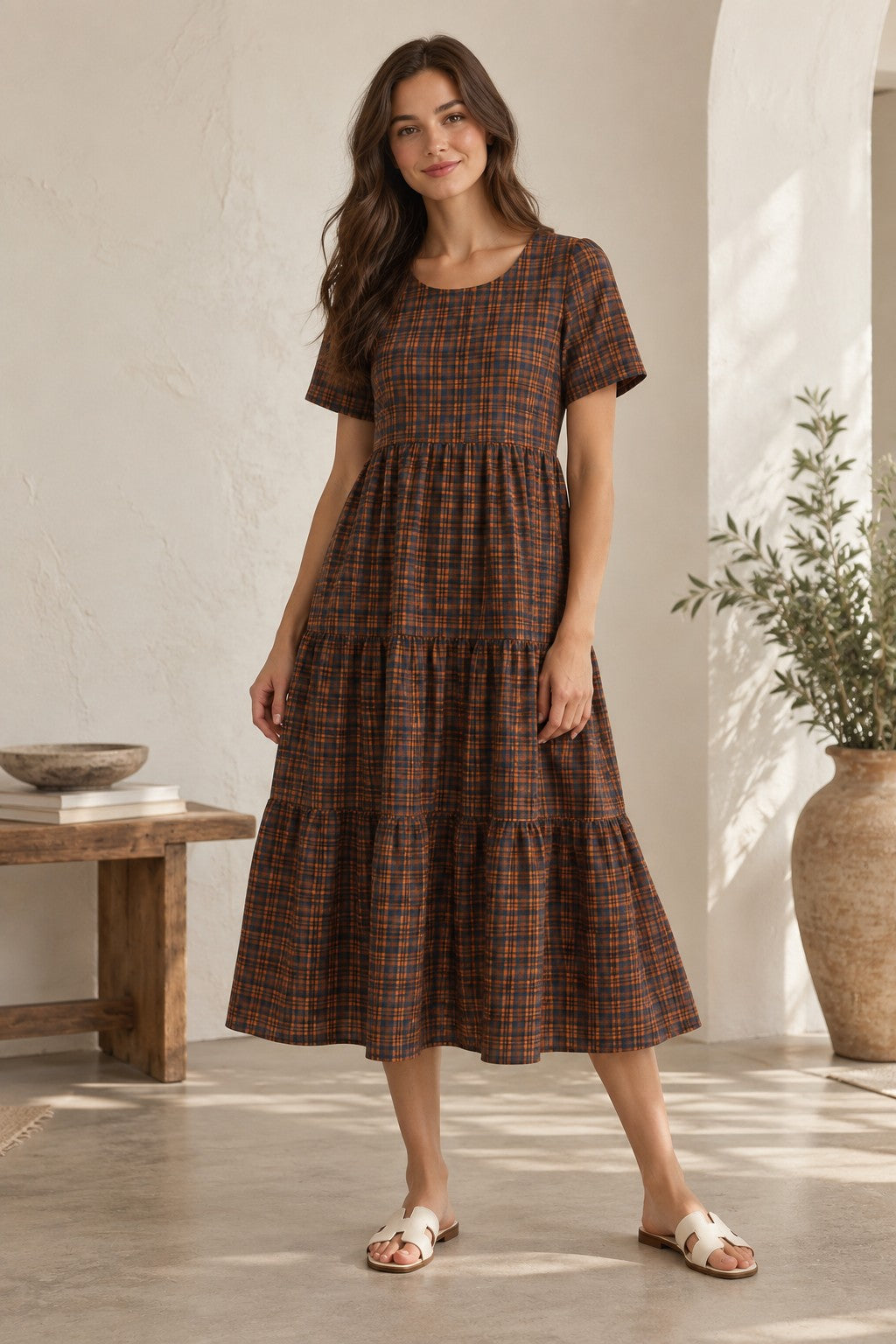 Plaid Tiered Baby Doll Midi Dress