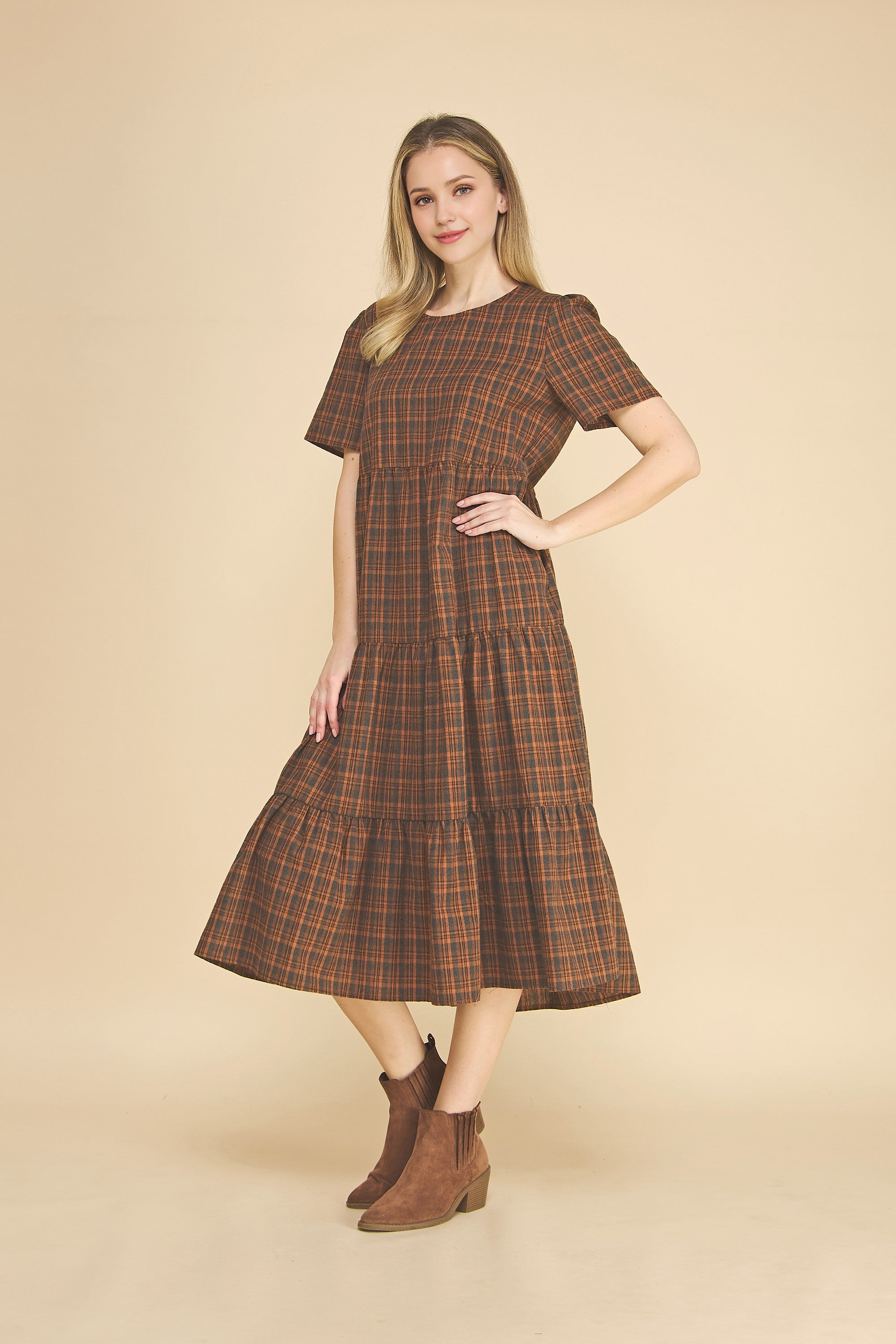 Plaid Tiered Baby Doll Midi Dress