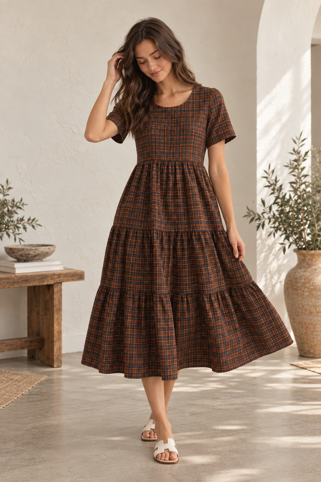 Plaid Tiered Baby Doll Midi Dress