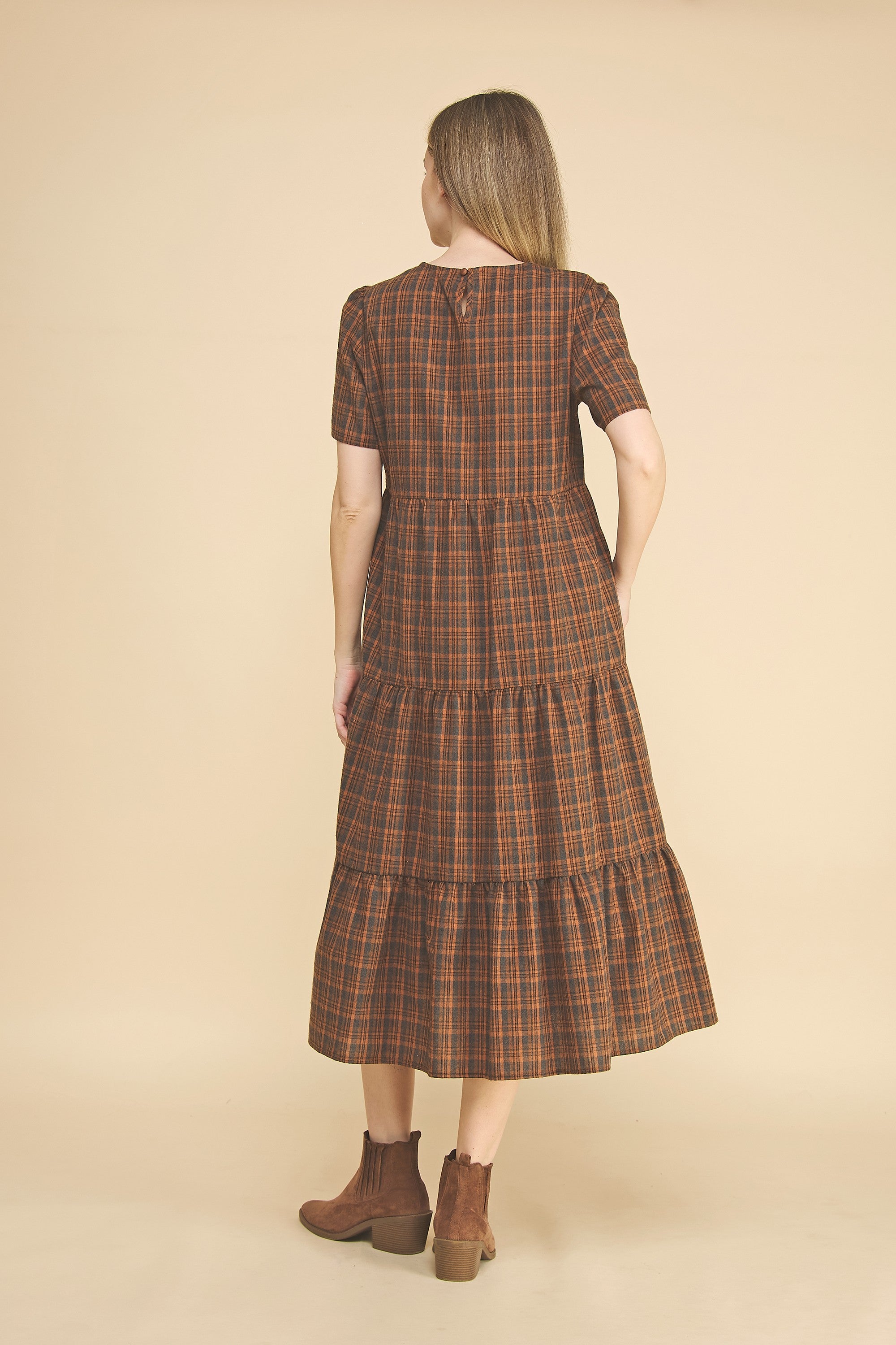 Plaid Tiered Baby Doll Midi Dress