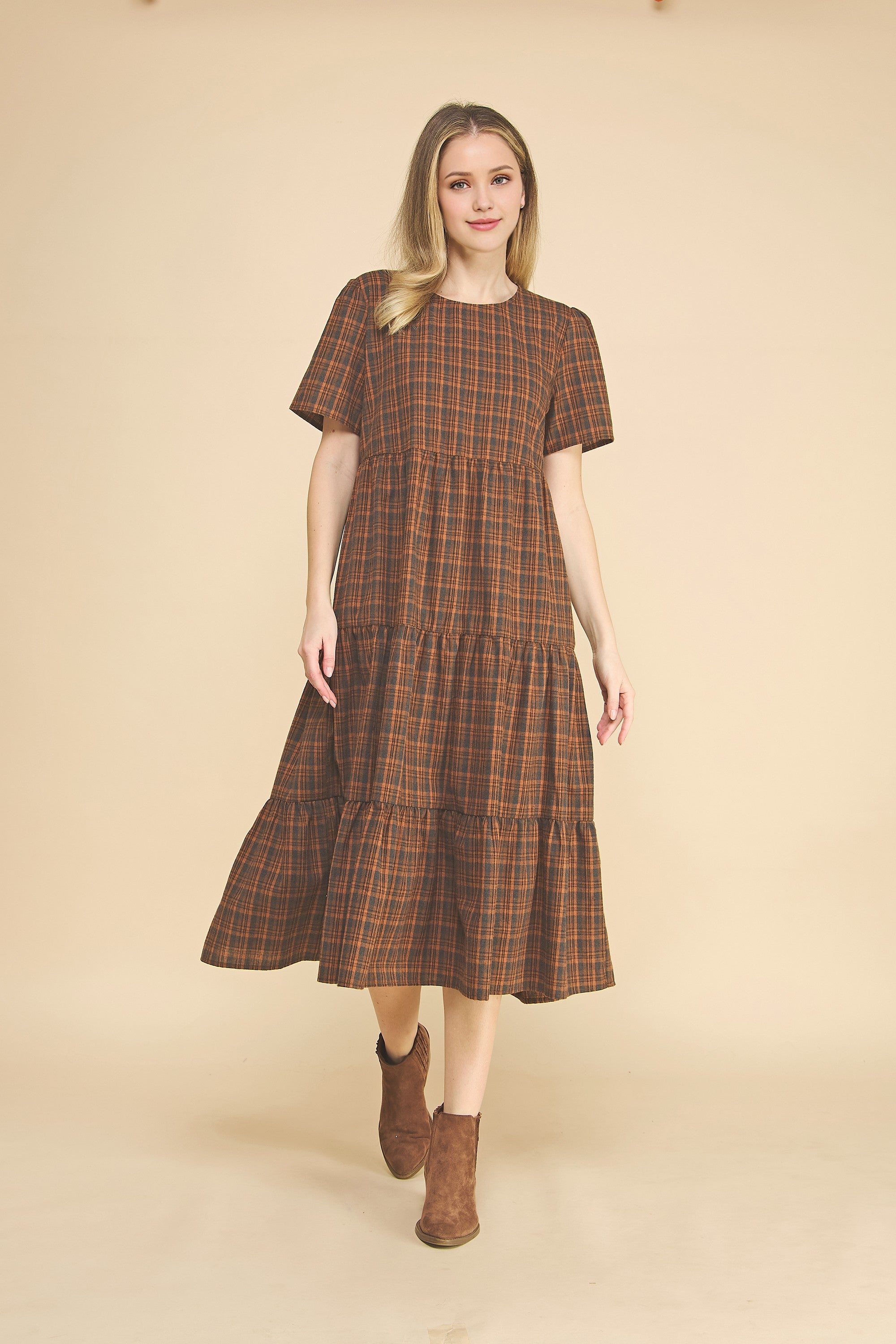 Plaid Tiered Baby Doll Midi Dress