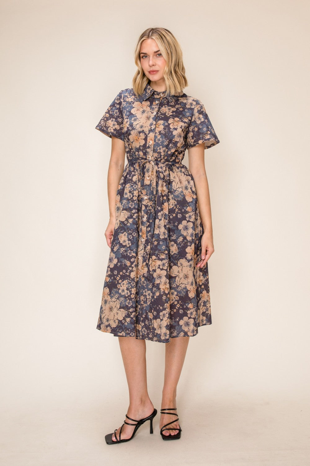 Chambray Style Print Button Up Midi Dress
