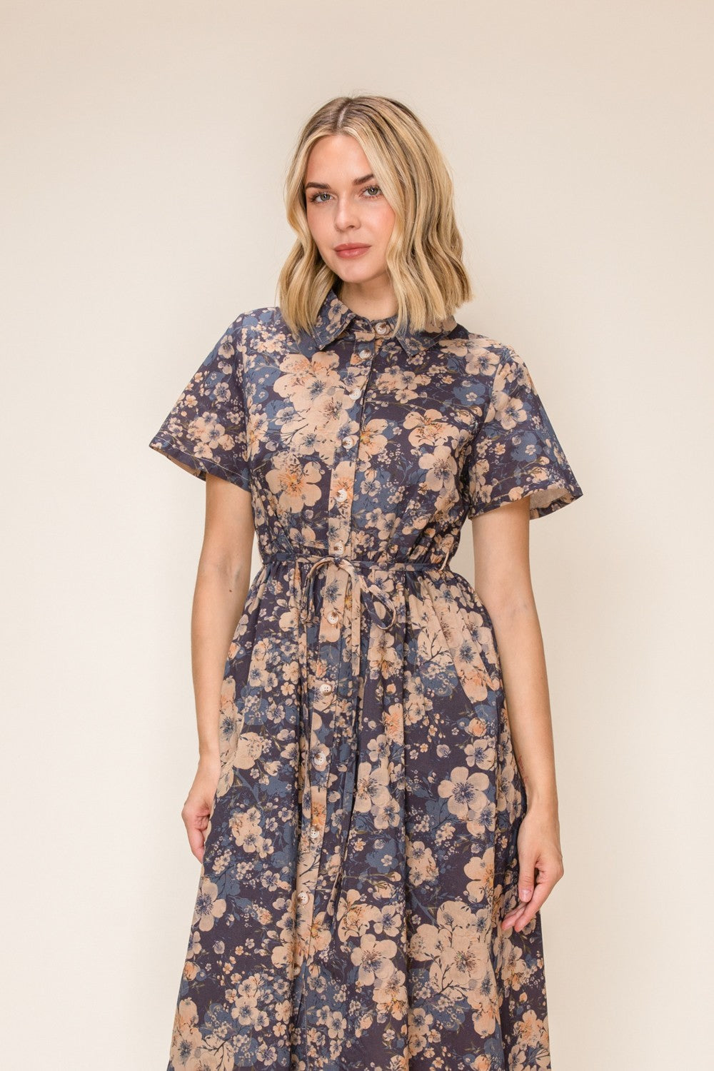 Chambray Style Print Button Up Midi Dress