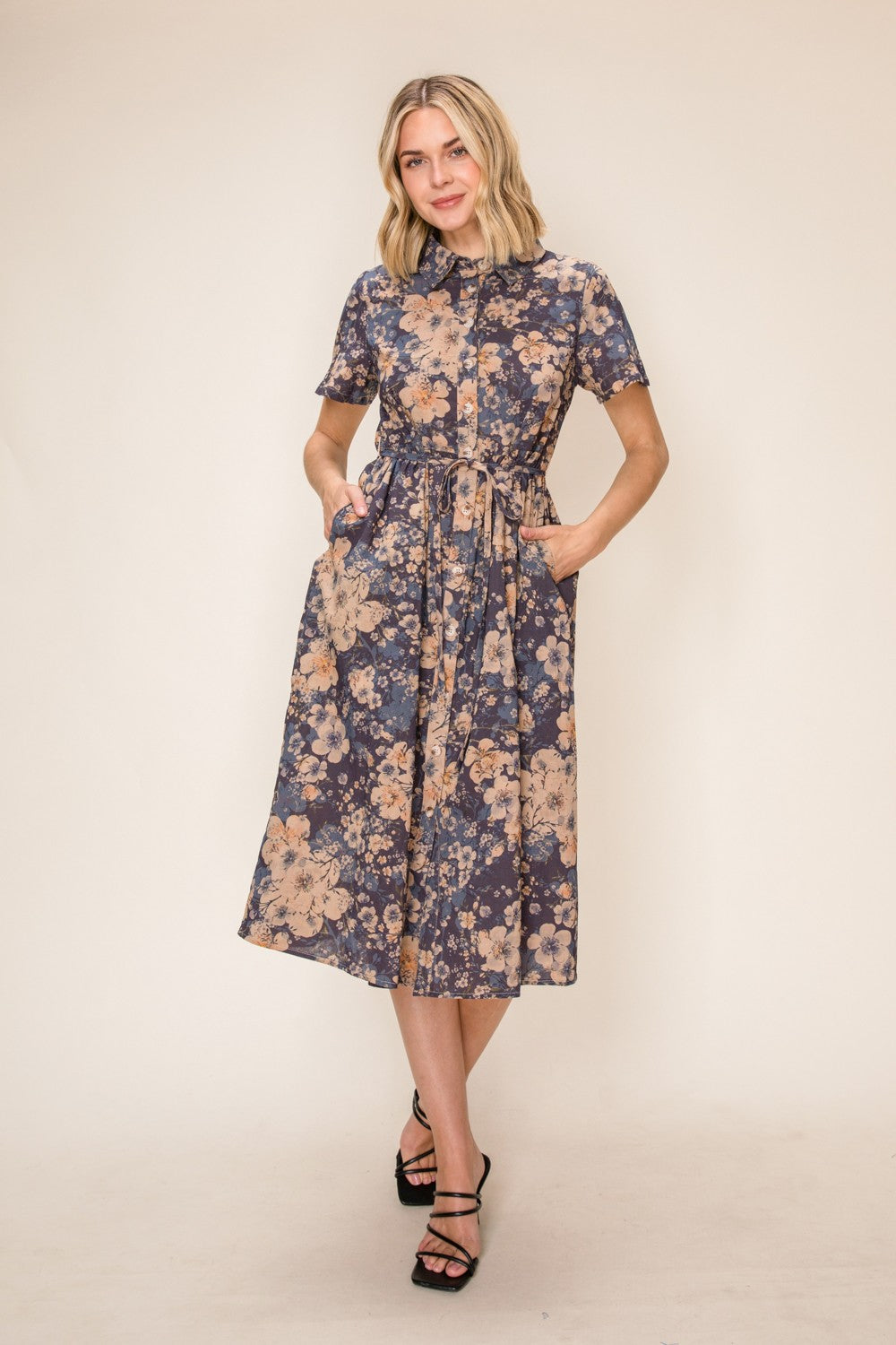 Chambray Style Print Button Up Midi Dress