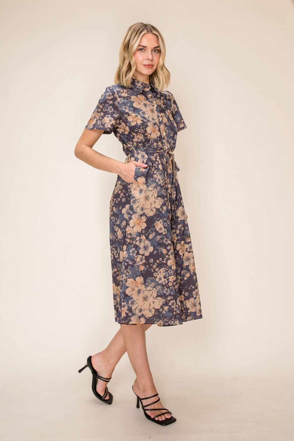 Chambray Style Print Button Up Midi Dress