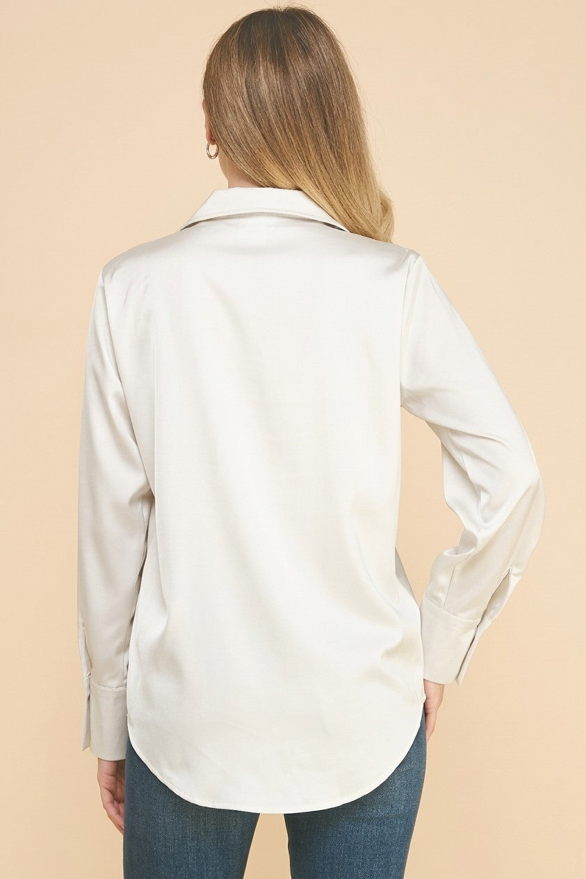 Satin Open Collar Oversized Dress Shirt Blouse