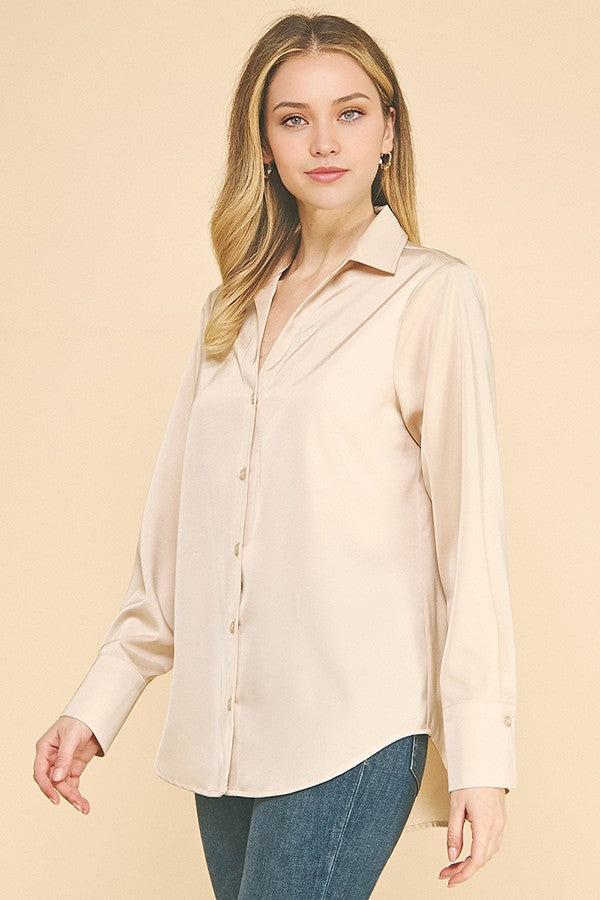 Satin Open Collar Oversized Dress Shirt Blouse