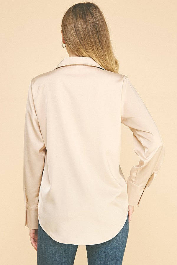 Satin Open Collar Oversized Dress Shirt Blouse