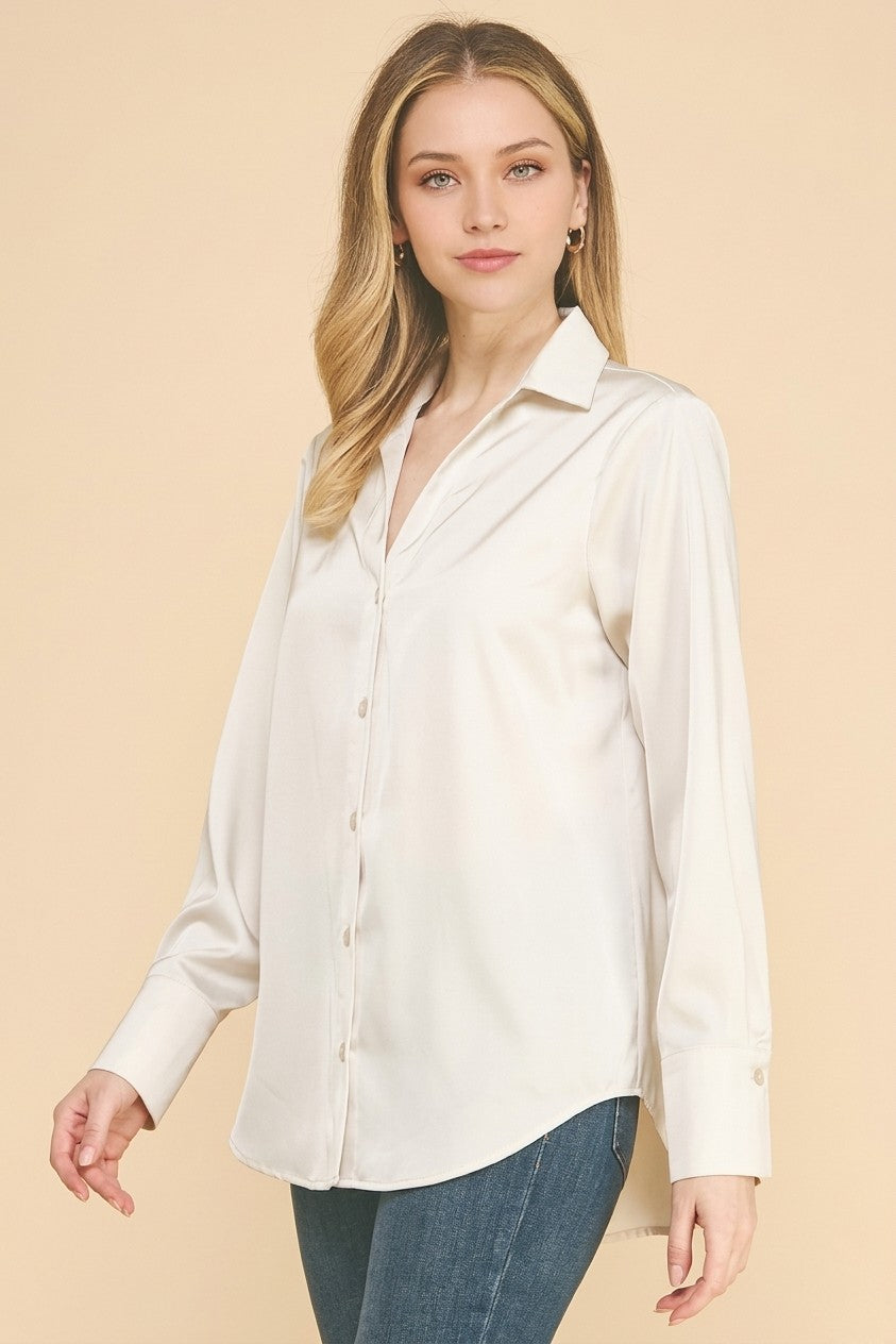Satin Open Collar Oversized Dress Shirt Blouse